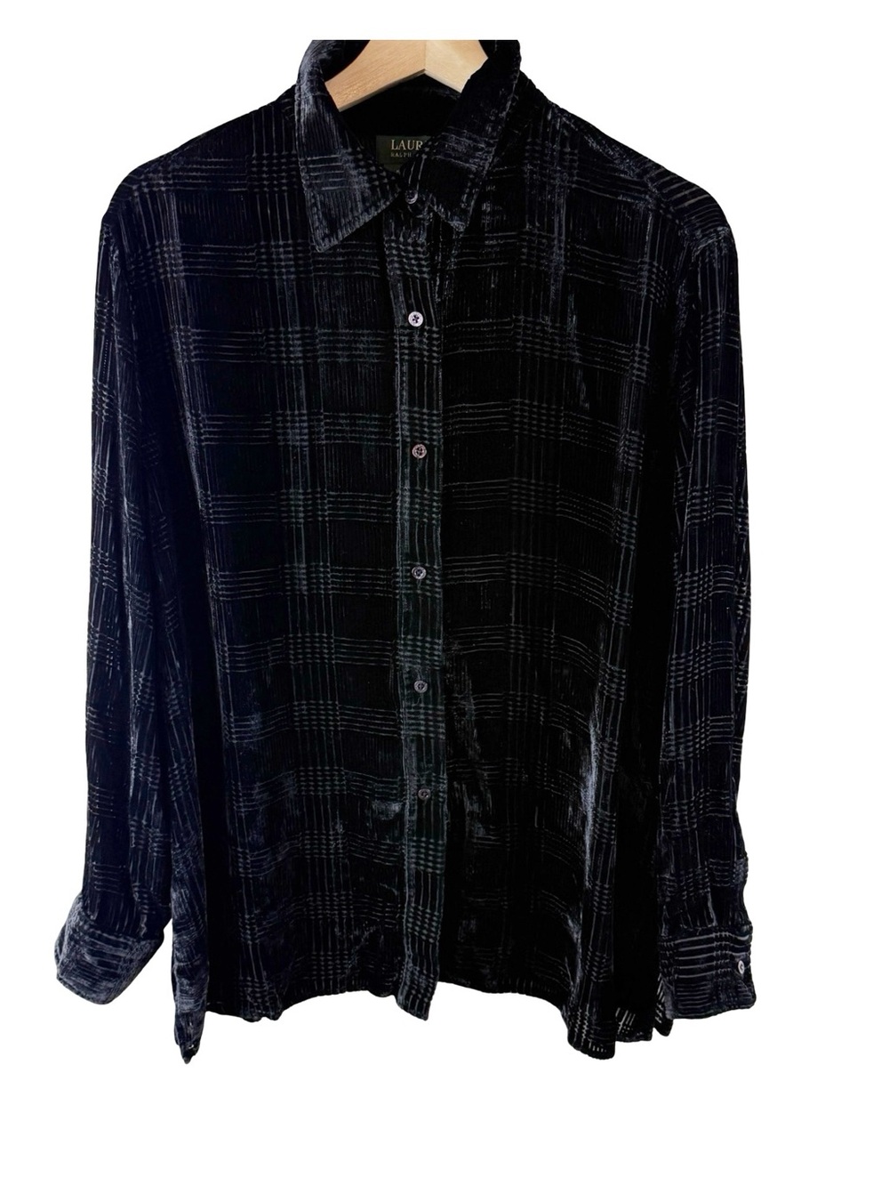Lauren Ralph Lauren Silk Blend Velvet Plaid Button Front Shirt Black
